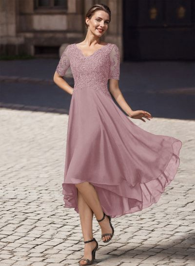 A-Line V-Neck Short Sleeves Asymmetrical Chiffon Mother Of The Bride Dresses With Lace