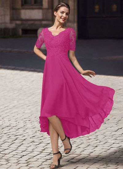 A-Line V-Neck Short Sleeves Asymmetrical Chiffon Mother Of The Bride Dresses With Lace