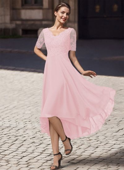 A-Line V-Neck Short Sleeves Asymmetrical Chiffon Mother Of The Bride Dresses With Lace