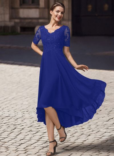 A-Line V-Neck Short Sleeves Asymmetrical Chiffon Mother Of The Bride Dresses With Lace