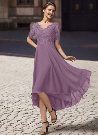 A-Line V-Neck Short Sleeves Asymmetrical Chiffon Mother Of The Bride Dresses With Lace