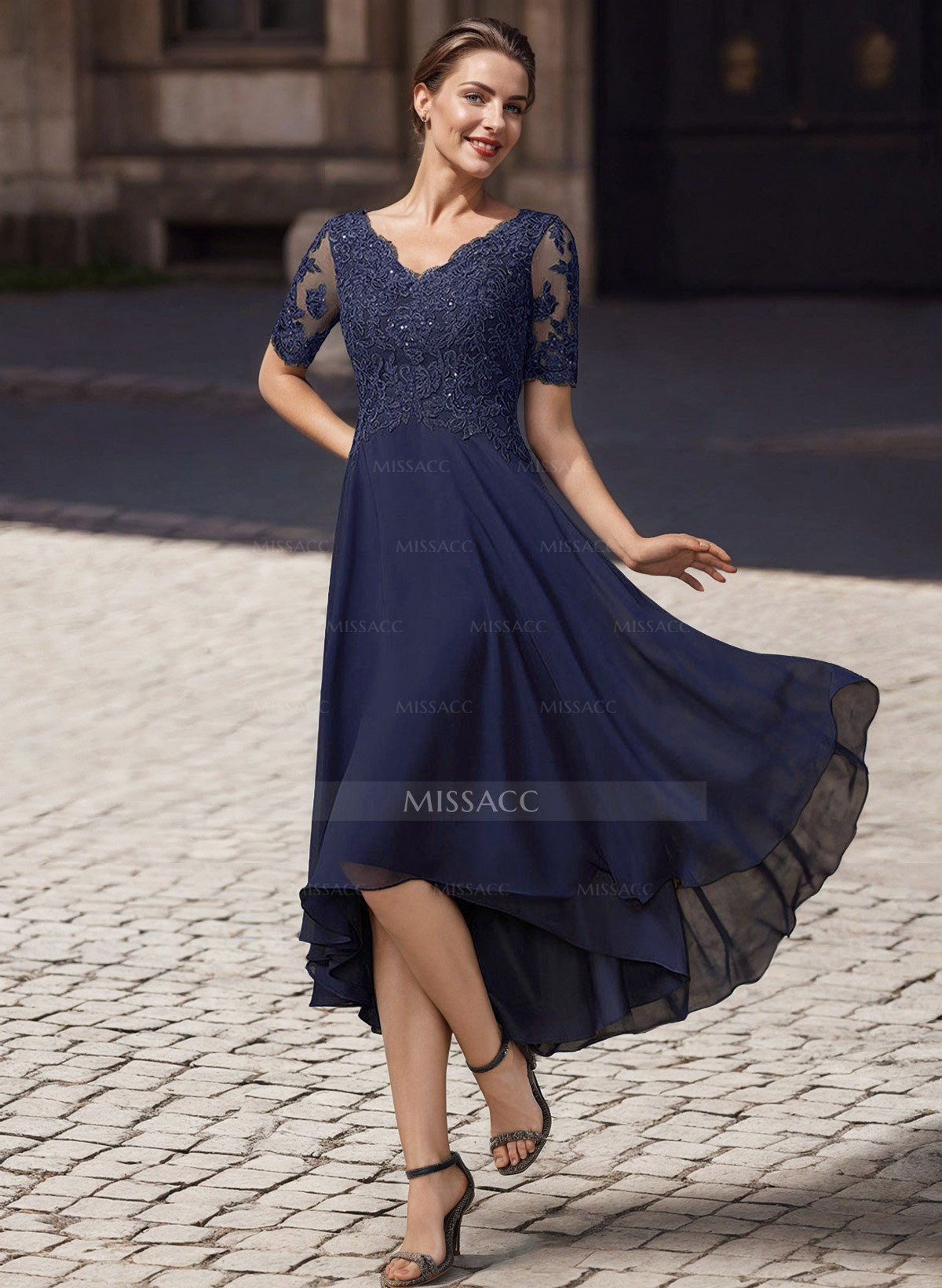 A-Line V-Neck Short Sleeves Asymmetrical Chiffon Mother Of The Bride Dresses With Lace