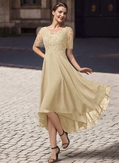 A-Line V-Neck Short Sleeves Asymmetrical Chiffon Mother Of The Bride Dresses With Lace