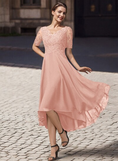 A-Line V-Neck Short Sleeves Asymmetrical Chiffon Mother Of The Bride Dresses With Lace