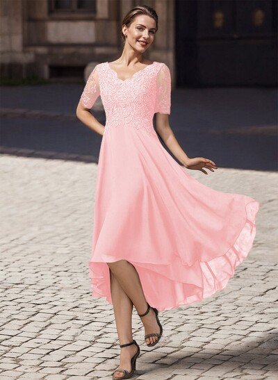 A-Line V-Neck Short Sleeves Asymmetrical Chiffon Mother Of The Bride Dresses With Lace