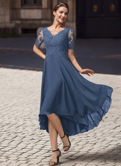 A-Line V-Neck Short Sleeves Asymmetrical Chiffon Mother Of The Bride Dresses With Lace