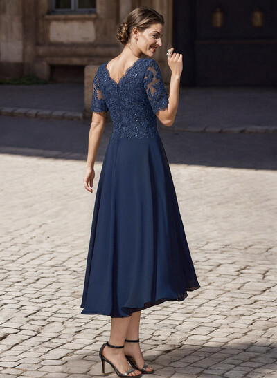 A-Line V-Neck Short Sleeves Asymmetrical Chiffon Mother Of The Bride Dresses With Lace