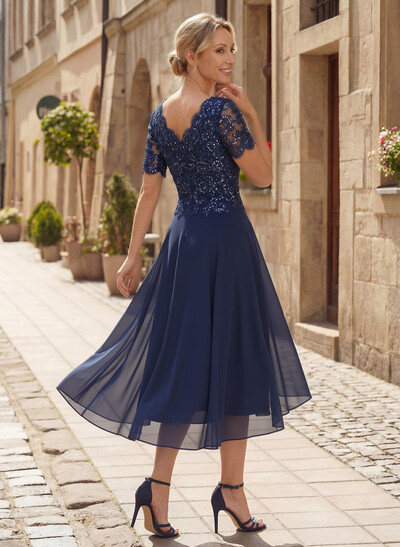 A-Line V-Neck Short Sleeves Asymmetrical Chiffon Mother Of The Bride Dresses With Lace