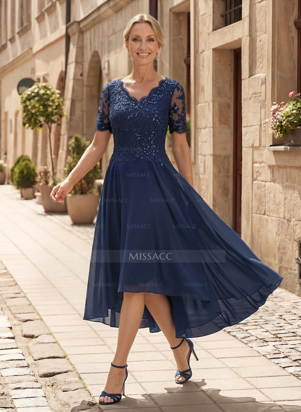 A-Line V-Neck Short Sleeves Asymmetrical Chiffon Mother Of The Bride Dresses With Lace