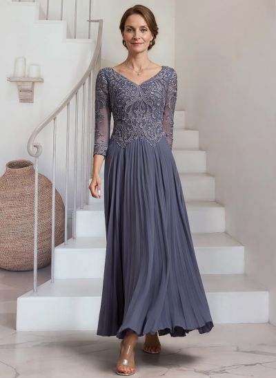 A-Line V-Neck 3/4 Sleeves Ankle-Length Chiffon Mother Of The Bride Dresses With Lace