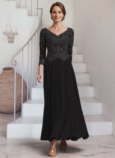 A-Line V-Neck 3/4 Sleeves Ankle-Length Chiffon Mother Of The Bride Dresses With Lace