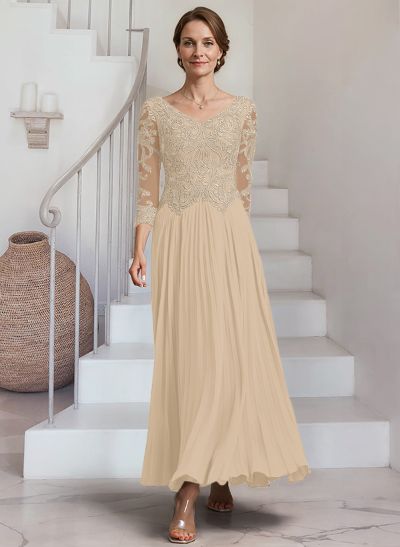 A-Line V-Neck 3/4 Sleeves Ankle-Length Chiffon Mother Of The Bride Dresses With Lace