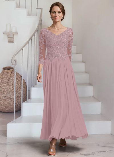 A-Line V-Neck 3/4 Sleeves Ankle-Length Chiffon Mother Of The Bride Dresses With Lace