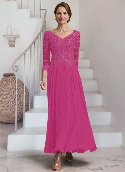 A-Line V-Neck 3/4 Sleeves Ankle-Length Chiffon Mother Of The Bride Dresses With Lace