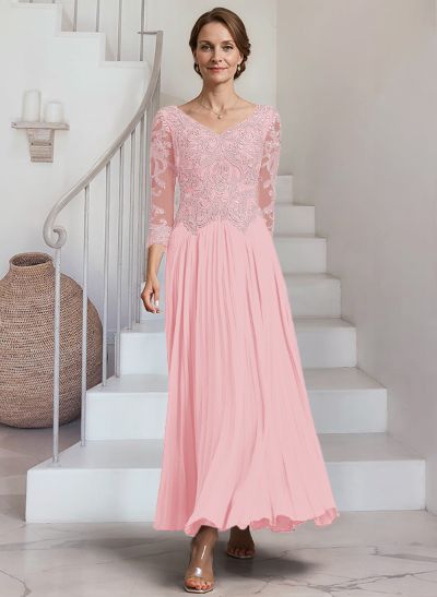 A-Line V-Neck 3/4 Sleeves Ankle-Length Chiffon Mother Of The Bride Dresses With Lace