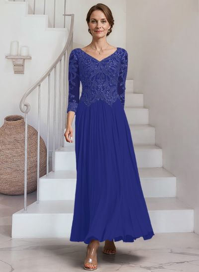 A-Line V-Neck 3/4 Sleeves Ankle-Length Chiffon Mother Of The Bride Dresses With Lace