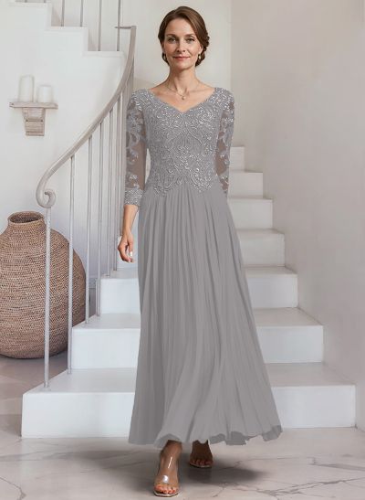 A-Line V-Neck 3/4 Sleeves Ankle-Length Chiffon Mother Of The Bride Dresses With Lace