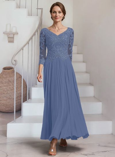 A-Line V-Neck 3/4 Sleeves Ankle-Length Chiffon Mother Of The Bride Dresses With Lace