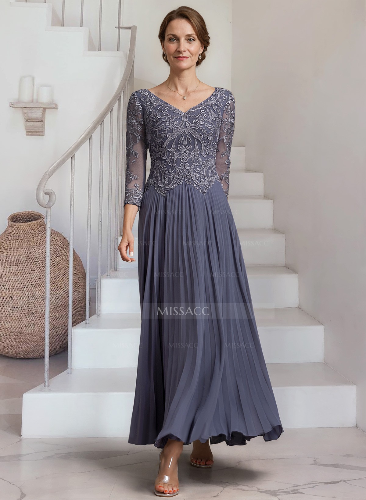 A-Line V-Neck 3/4 Sleeves Ankle-Length Chiffon Mother Of The Bride Dresses With Lace