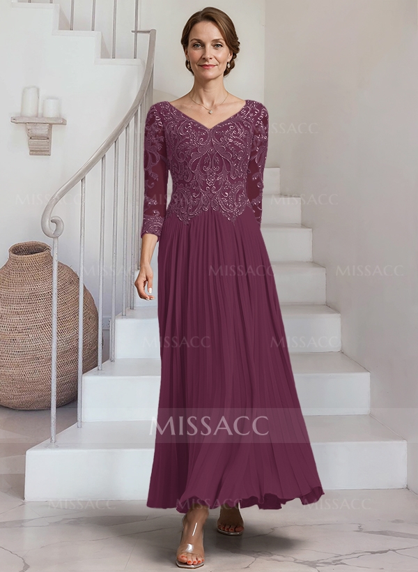 [C’EST MOI MOII]Lace lapel dress small chiffon A-line dress A-Line V-Neck 3/4 Sleeves Ankle-Length Chiffon Mother Of The