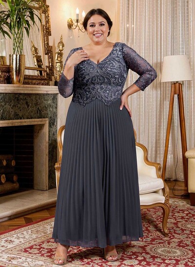 A-Line V-Neck 3/4 Sleeves Ankle-Length Chiffon Mother Of The Bride Dresses With Lace