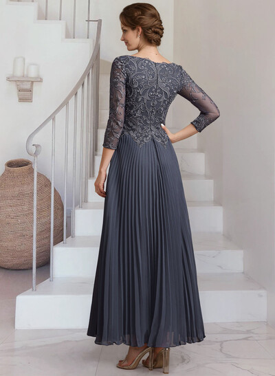 A-Line V-Neck 3/4 Sleeves Ankle-Length Chiffon Mother Of The Bride Dresses With Lace