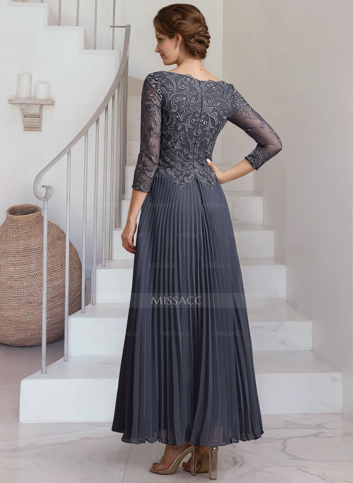 A-Line V-Neck 3/4 Sleeves Ankle-Length Chiffon Mother Of The Bride Dresses With Lace