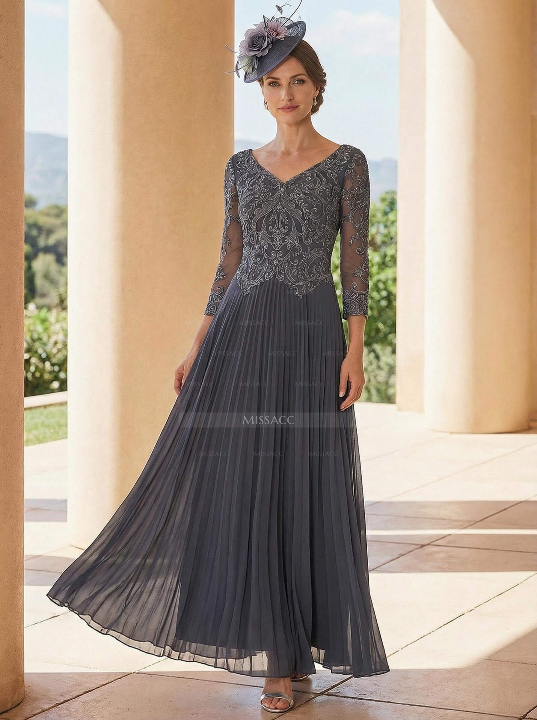 A-Line V-Neck 3/4 Sleeves Ankle-Length Chiffon Mother Of The Bride Dresses With Lace