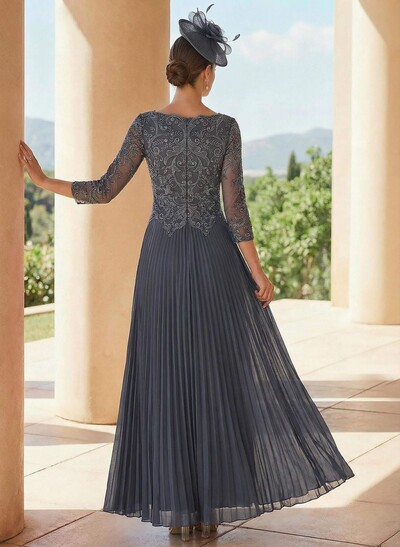 A-Line V-Neck 3/4 Sleeves Ankle-Length Chiffon Mother Of The Bride Dresses With Lace