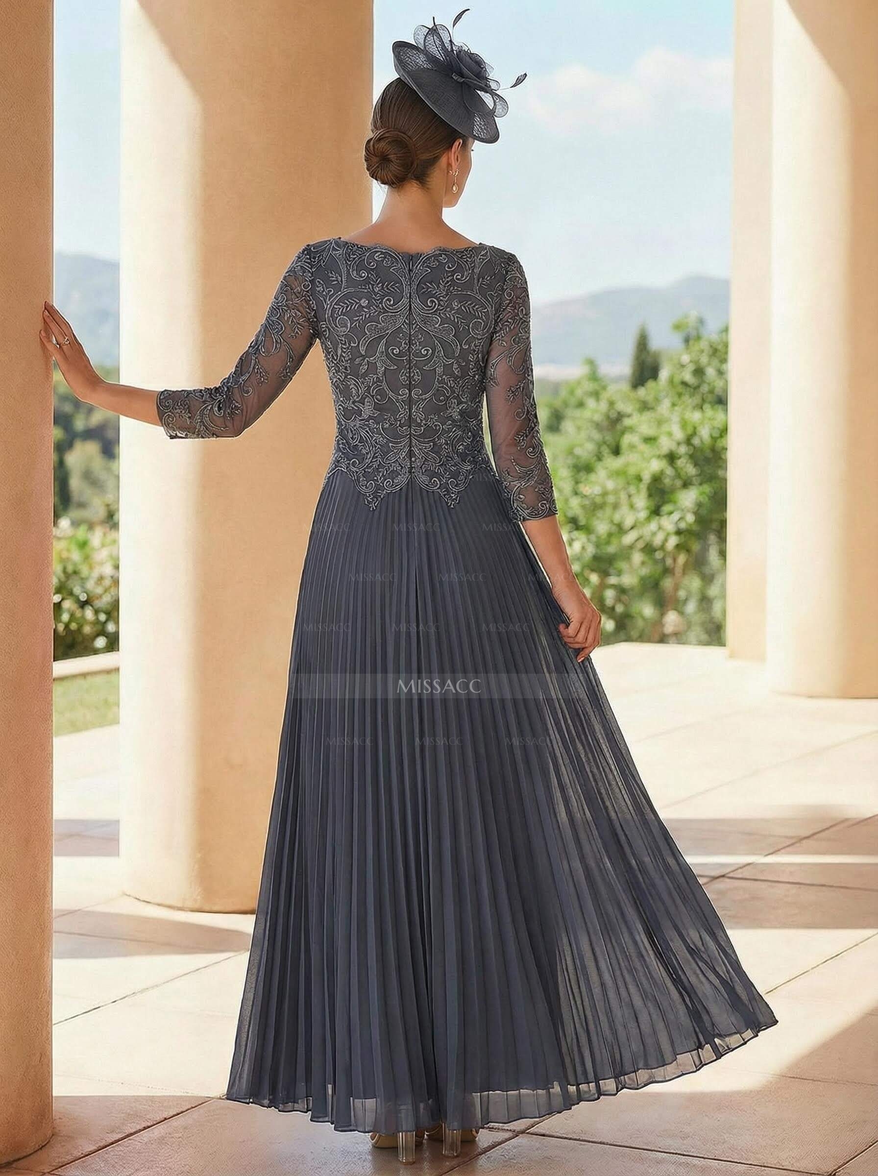 A-Line V-Neck 3/4 Sleeves Ankle-Length Chiffon Mother Of The Bride Dresses With Lace