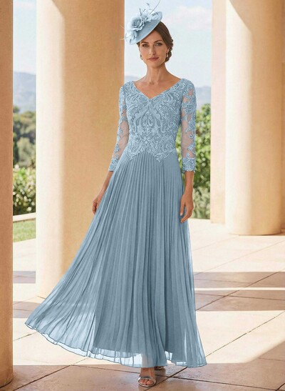 A-Line V-Neck 3/4 Sleeves Ankle-Length Chiffon Mother Of The Bride Dresses With Lace