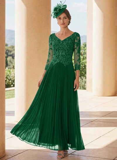 A-Line V-Neck 3/4 Sleeves Ankle-Length Chiffon Mother Of The Bride Dresses With Lace