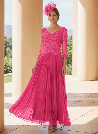 A-Line V-Neck 3/4 Sleeves Ankle-Length Chiffon Mother Of The Bride Dresses With Lace