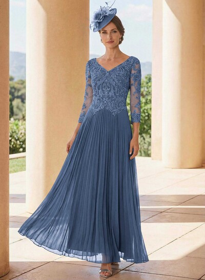 A-Line V-Neck 3/4 Sleeves Ankle-Length Chiffon Mother Of The Bride Dresses With Lace