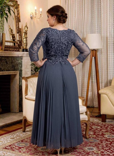 A-Line V-Neck 3/4 Sleeves Ankle-Length Chiffon Mother Of The Bride Dresses With Lace