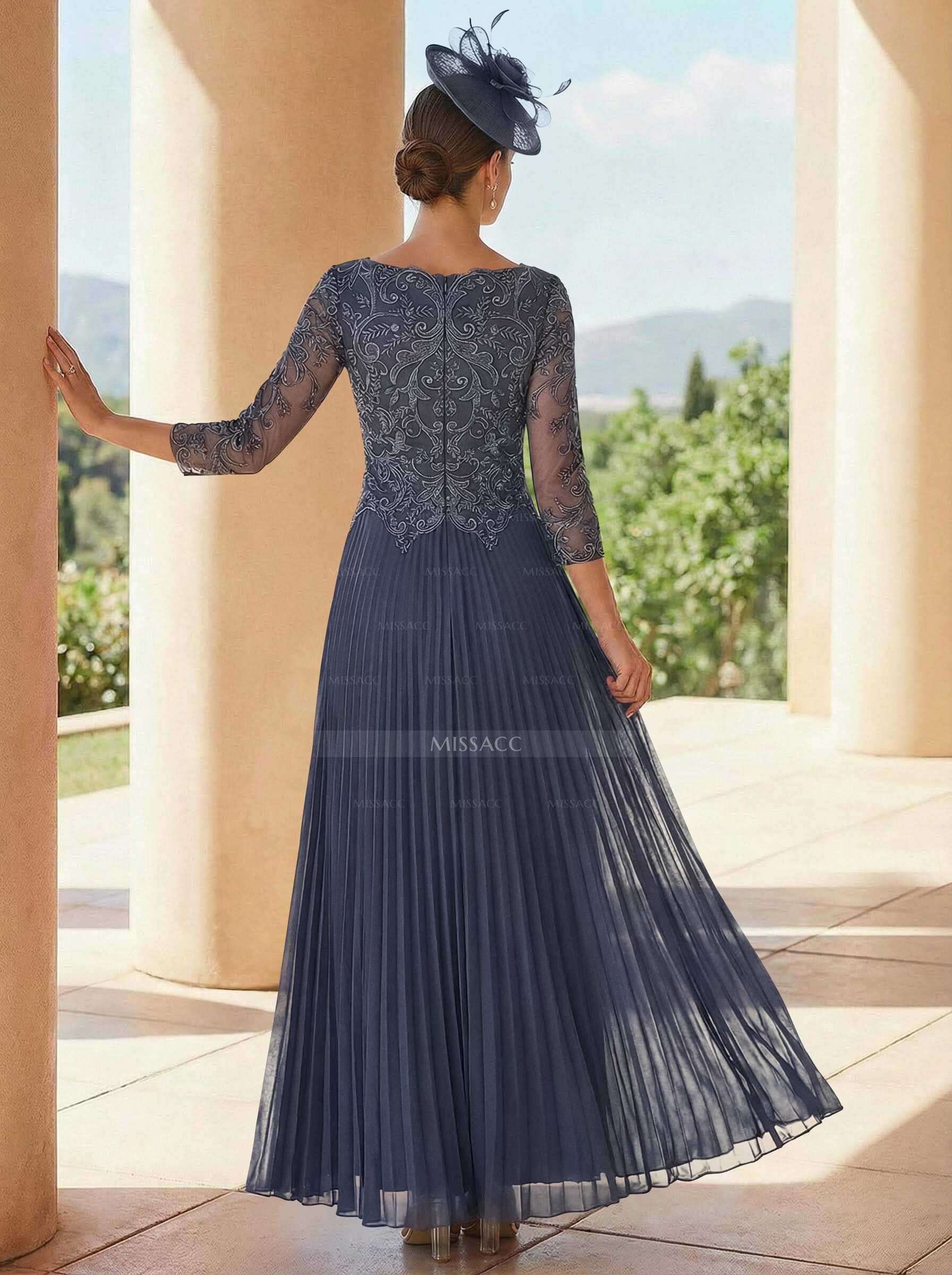 A-Line V-Neck 3/4 Sleeves Ankle-Length Chiffon Mother Of The Bride Dresses With Lace