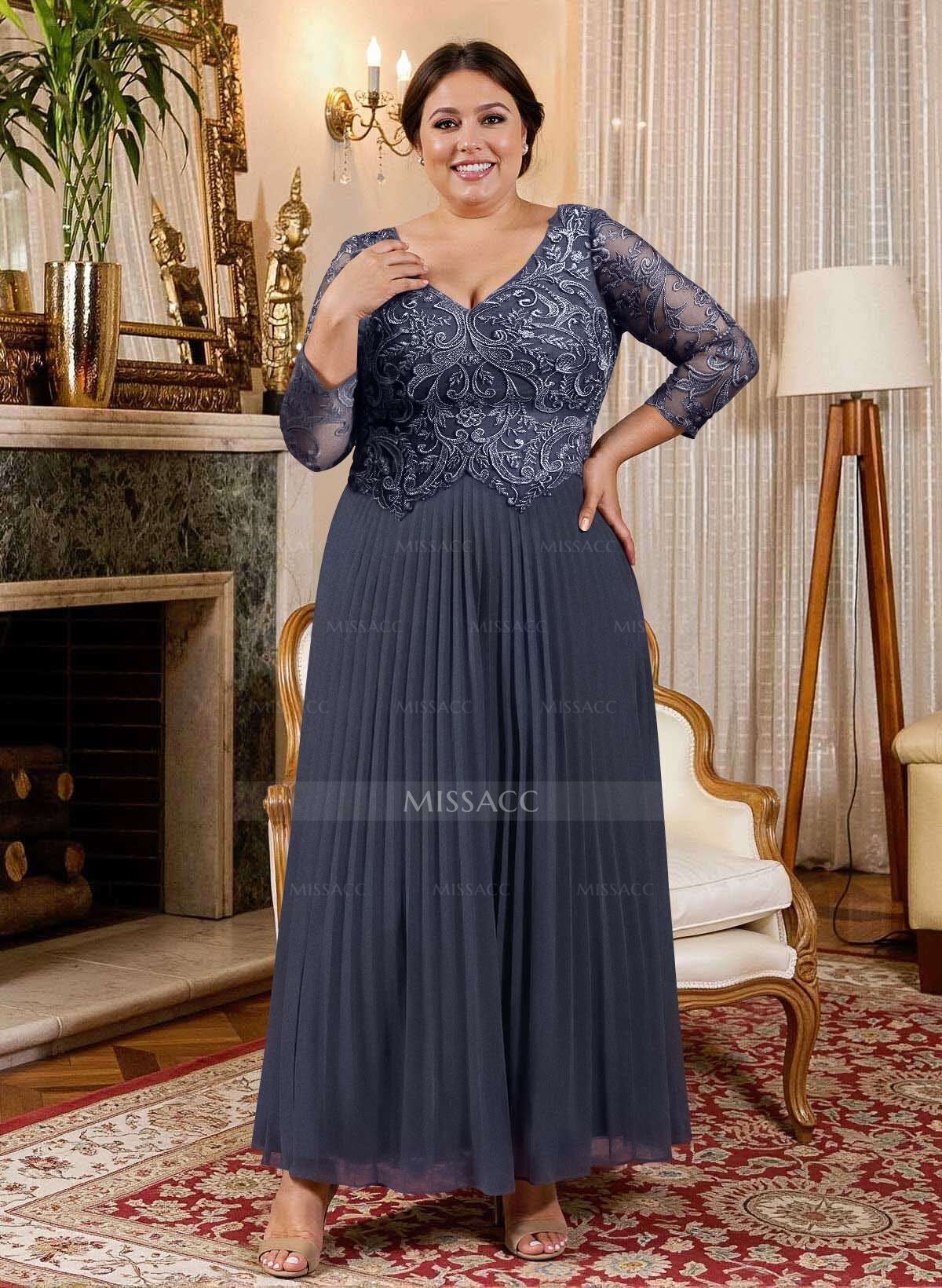 A-Line V-Neck 3/4 Sleeves Ankle-Length Chiffon Mother Of The Bride Dresses With Lace