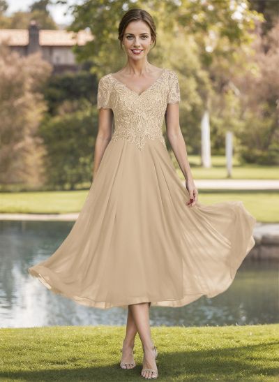 A-Line V-Neck Short Sleeves Tea-Length Chiffon Mother Of The Bride Dresses With Lace