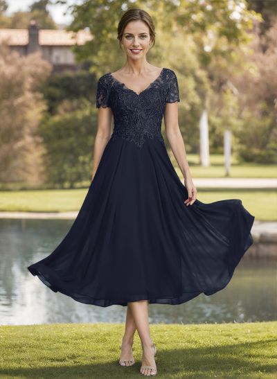 A-Line V-Neck Short Sleeves Tea-Length Chiffon Mother Of The Bride Dresses With Lace