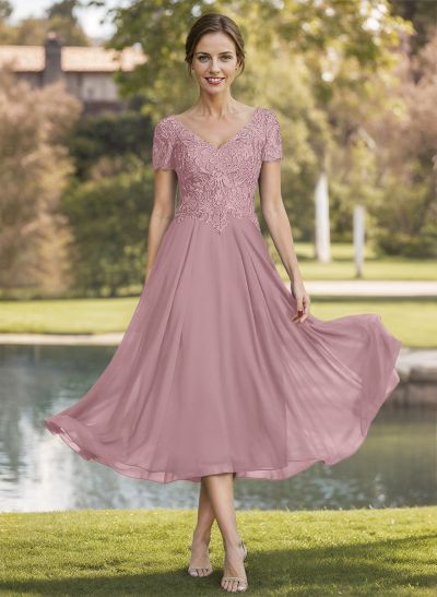 A-Line V-Neck Short Sleeves Tea-Length Chiffon Mother Of The Bride Dresses With Lace