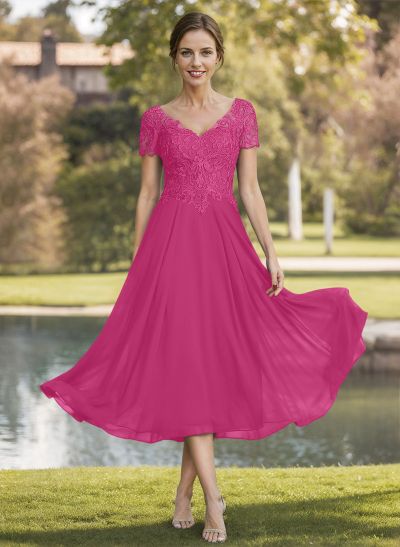 A-Line V-Neck Short Sleeves Tea-Length Chiffon Mother Of The Bride Dresses With Lace