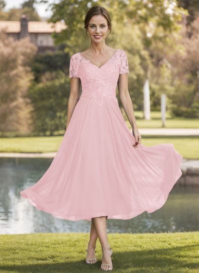 A-Line V-Neck Short Sleeves Tea-Length Chiffon Mother Of The Bride Dresses With Lace