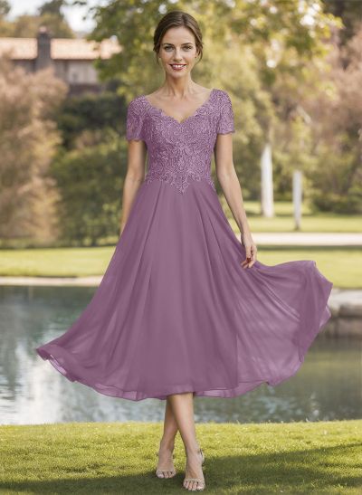 A-Line V-Neck Short Sleeves Tea-Length Chiffon Mother Of The Bride Dresses With Lace