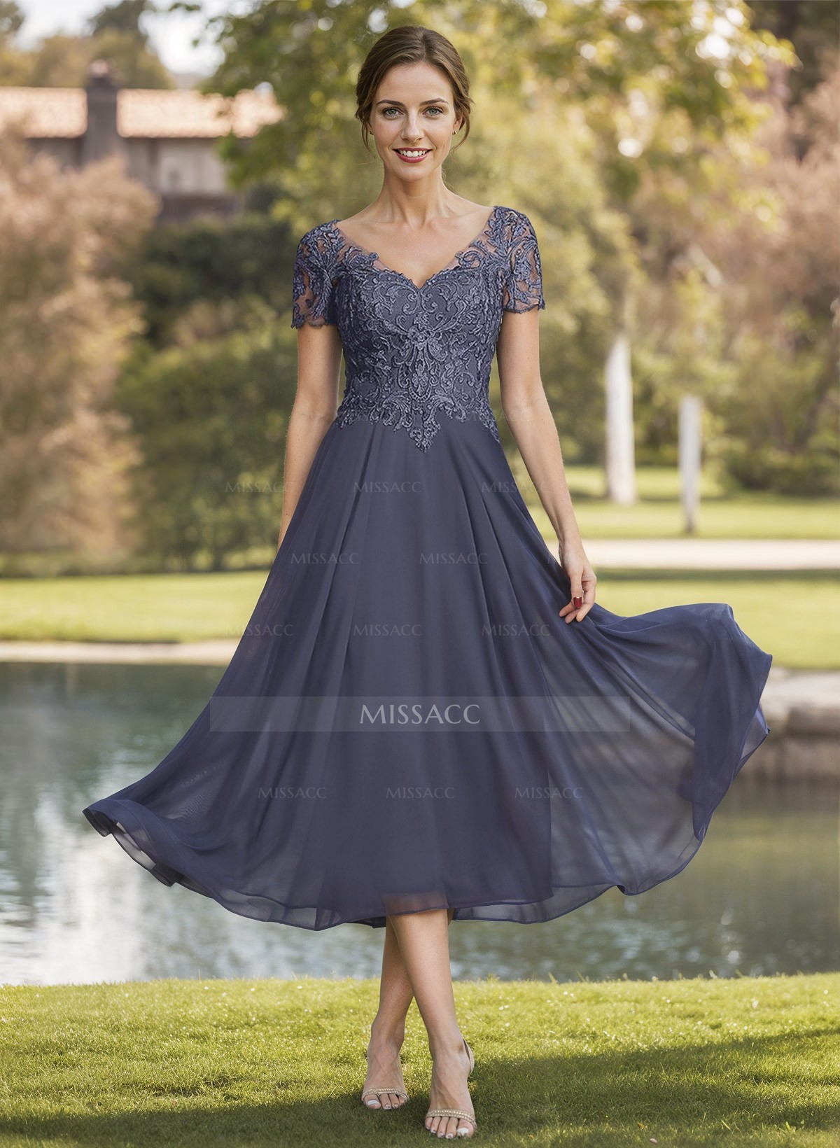 A-Line V-Neck Short Sleeves Tea-Length Chiffon Mother Of The Bride Dresses With Lace