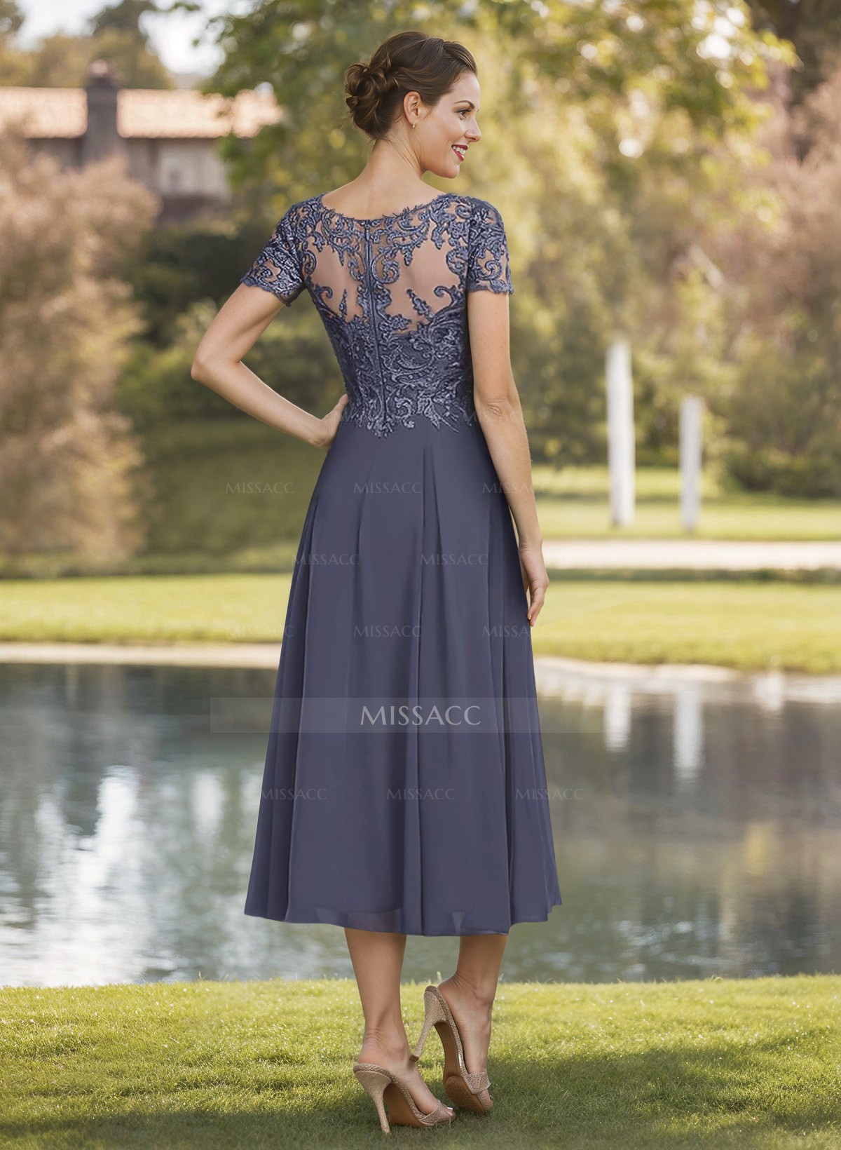 A-Line V-Neck Short Sleeves Tea-Length Chiffon Mother Of The Bride Dresses With Lace