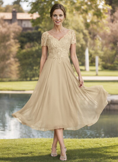 A-Line V-Neck Short Sleeves Tea-Length Chiffon Mother Of The Bride Dresses With Lace
