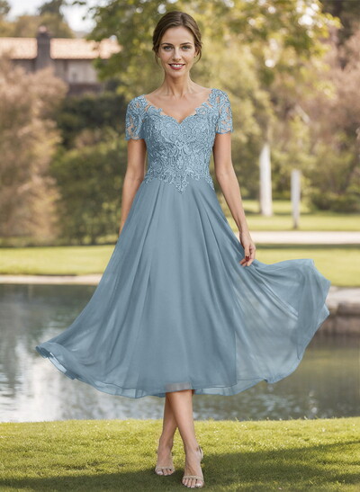 A-Line V-Neck Short Sleeves Tea-Length Chiffon Mother Of The Bride Dresses With Lace