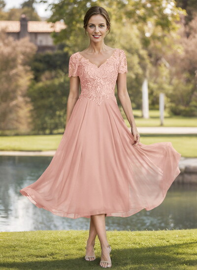 A-Line V-Neck Short Sleeves Tea-Length Chiffon Mother Of The Bride Dresses With Lace