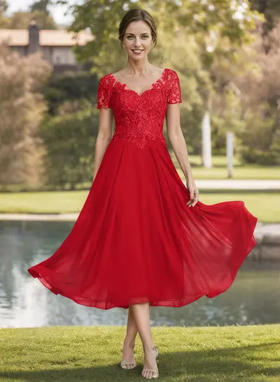 A-Line V-Neck Short Sleeves Tea-Length Chiffon Mother Of The Bride Dresses  With Lace - Missacc Canada