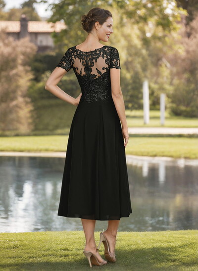 A-Line V-Neck Short Sleeves Tea-Length Chiffon Mother Of The Bride Dresses With Lace